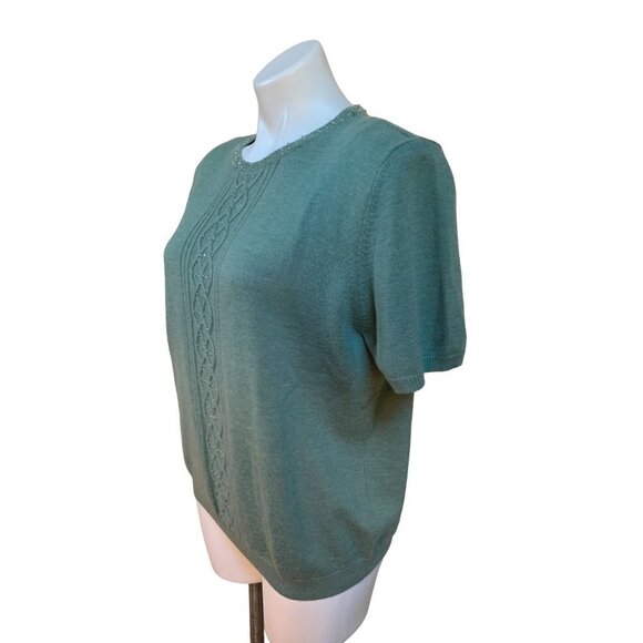Vintage 90s Cable Knit Short Sleeve Sweater Shirt Beaded Green Large - Picture 3 of 9